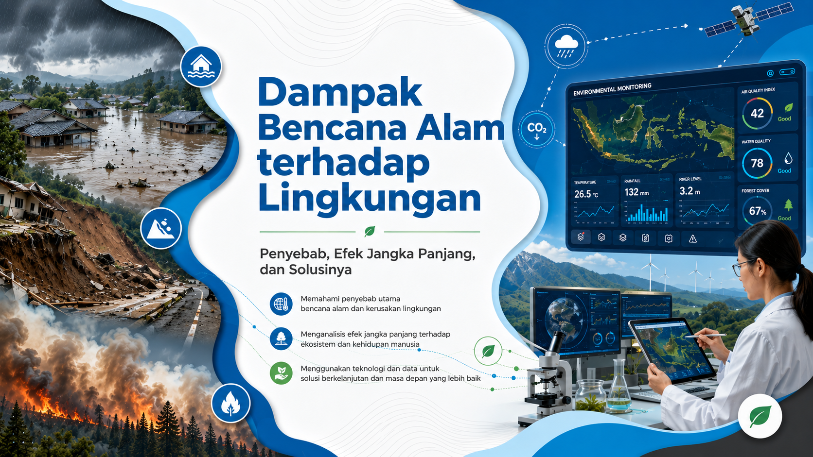 Ilustrasi dampak bencana alam terhadap lingkungan dengan visual banjir, longsor, dan asap kebakaran hutan dipadukan teknologi monitoring lingkungan modern dan dashboard digital industri.