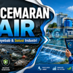 Ilustrasi pencemaran air akibat limbah industri dan solusi pengolahan limbah menggunakan sistem IPAL modern