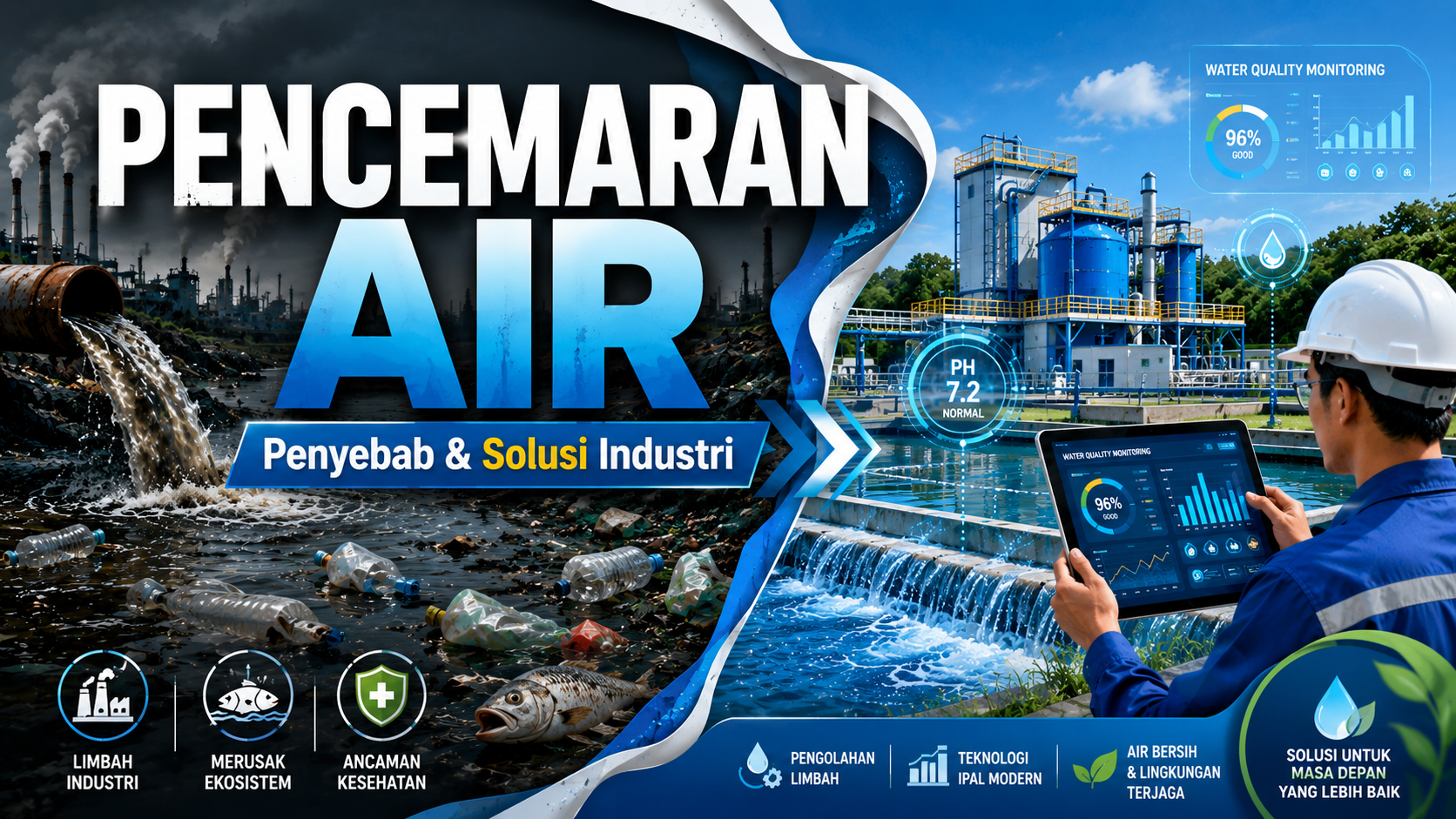 Ilustrasi pencemaran air akibat limbah industri dan solusi pengolahan limbah menggunakan sistem IPAL modern