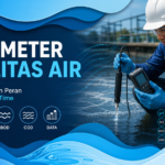 Teknisi industri mengukur parameter kualitas air menggunakan sensor multiparameter dengan visualisasi data monitoring real-time