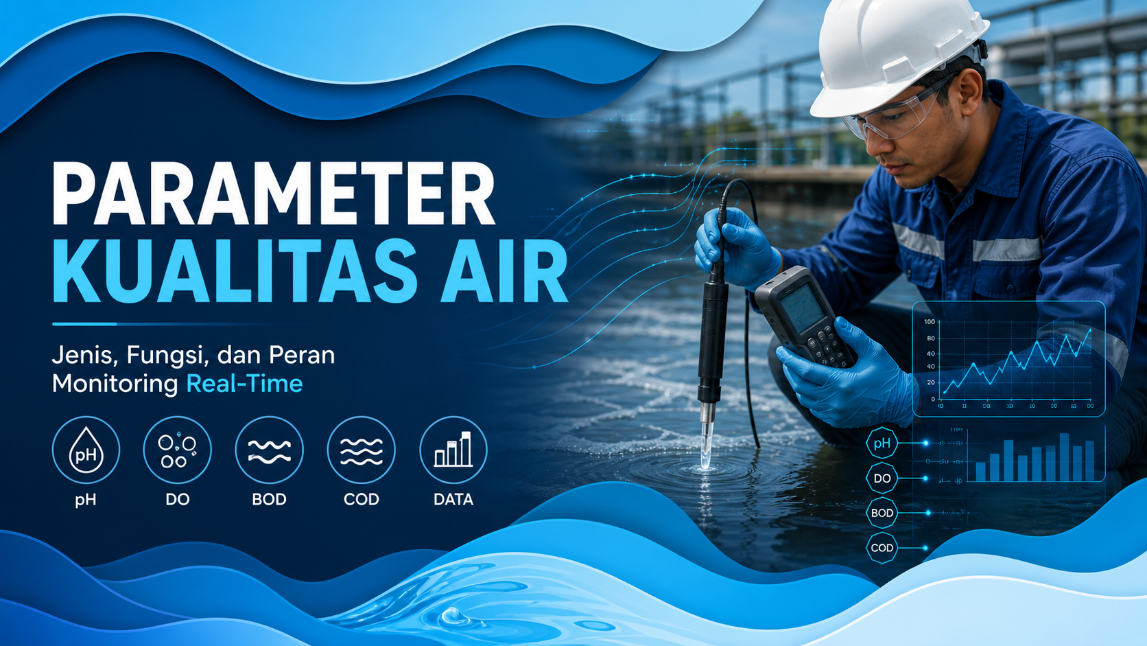 Teknisi industri mengukur parameter kualitas air menggunakan sensor multiparameter dengan visualisasi data monitoring real-time