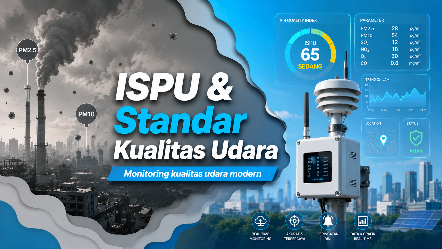 Ilustrasi monitoring kualitas udara menggunakan AQMS untuk mengukur ISPU di kawasan industri