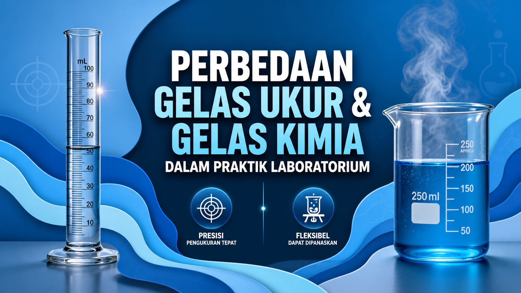 Gambar perbedaan gelas ukur dan gelas kimia dalam praktik laboratorium dengan visual fungsi dan akurasi alat