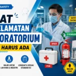 Ilustrasi alat keselamatan laboratorium seperti APAR, eyewash, safety shower, kotak P3K, dan teknisi menggunakan APD lengkap di laboratorium modern