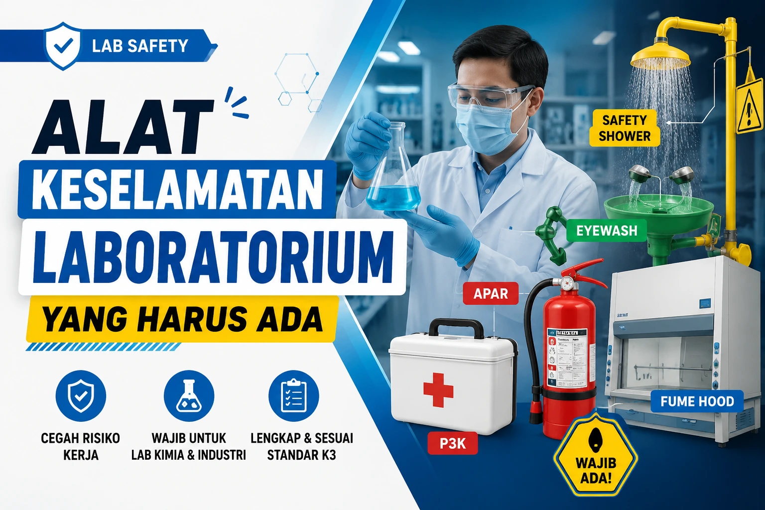 Ilustrasi alat keselamatan laboratorium seperti APAR, eyewash, safety shower, kotak P3K, dan teknisi menggunakan APD lengkap di laboratorium modern