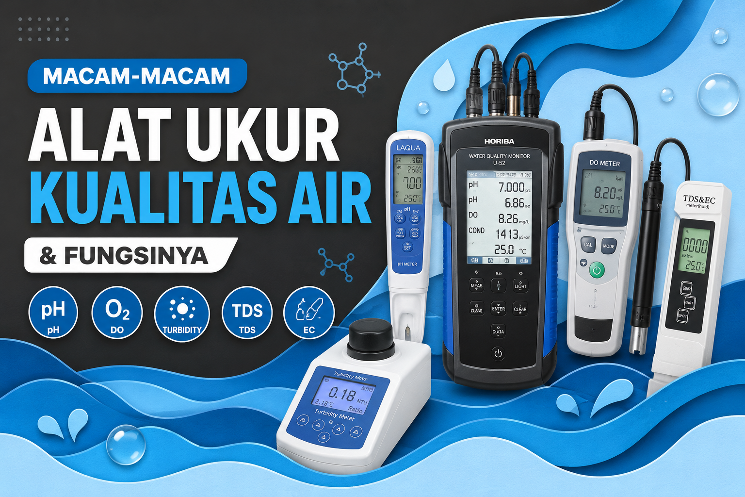 Thumbnail macam-macam alat ukur kualitas air seperti pH meter, DO meter, turbidity meter, TDS meter, conductivity meter, dan multiparameter water quality monitor