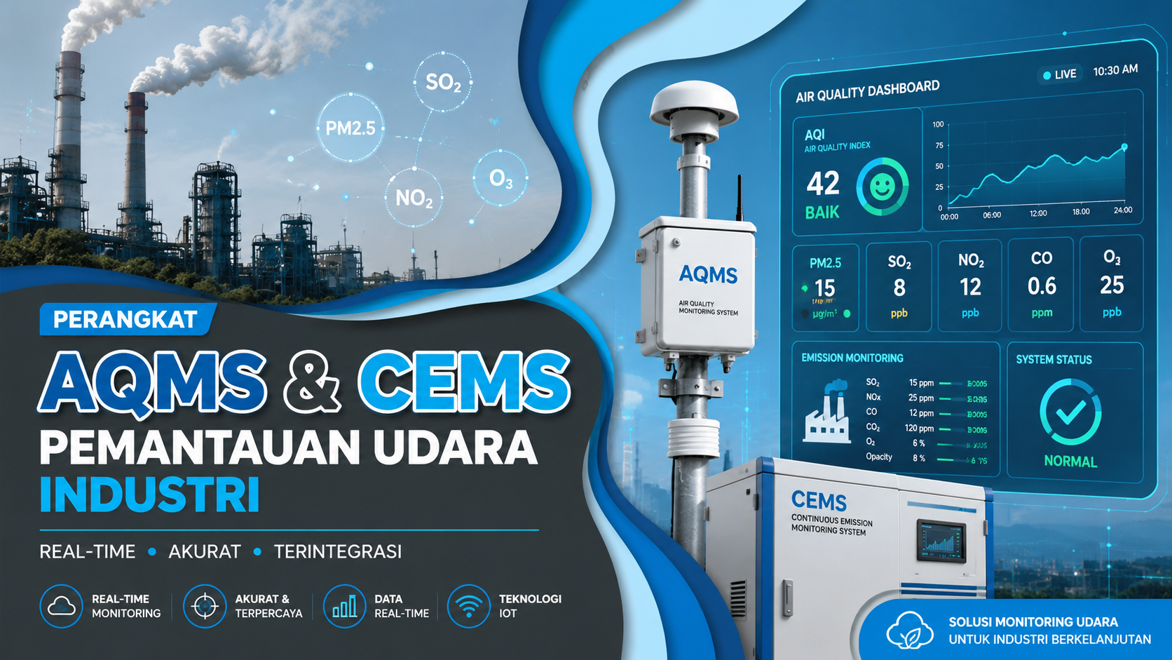 sistem pemantauan kualitas udara AQMS dan CEMS untuk monitoring emisi industri secara real-time