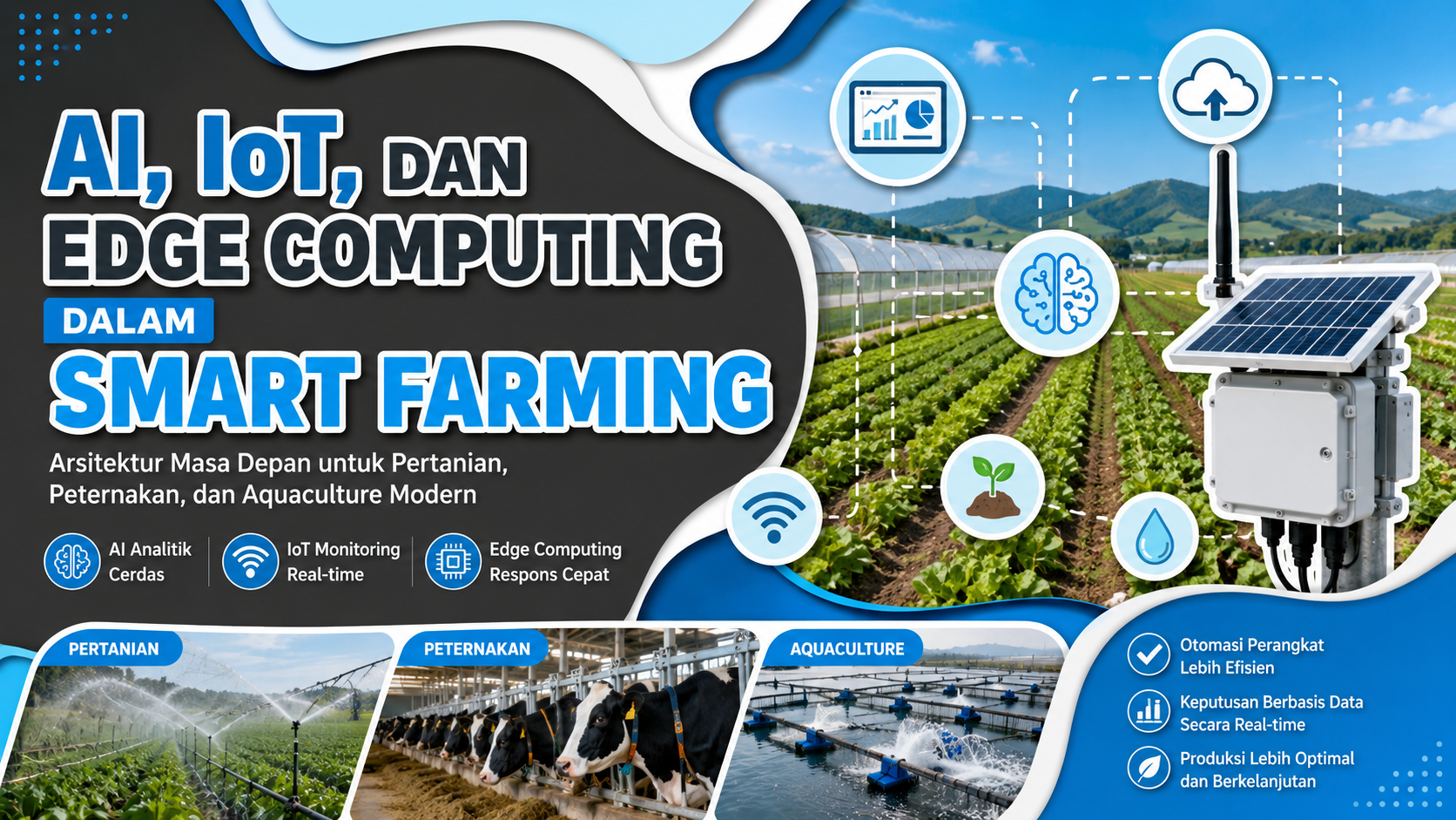 Thumbnail ilustrasi AI, IoT, dan Edge Computing dalam Smart Farming yang menampilkan integrasi sensor IoT, Edge Gateway, AI, cloud, serta implementasi pada pertanian, peternakan, dan aquaculture modern.