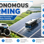 Robot pertanian tenaga surya dengan solar panel auto cleaning dalam sistem autonomous farming modern.