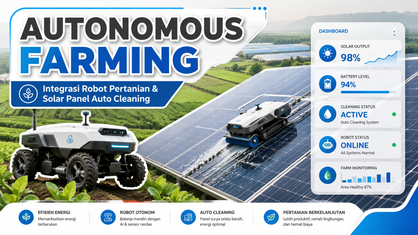 autonomous-farming-robot-pertanian-solar-panel Robot pertanian tenaga surya dengan solar panel auto cleaning dalam sistem autonomous farming modern.