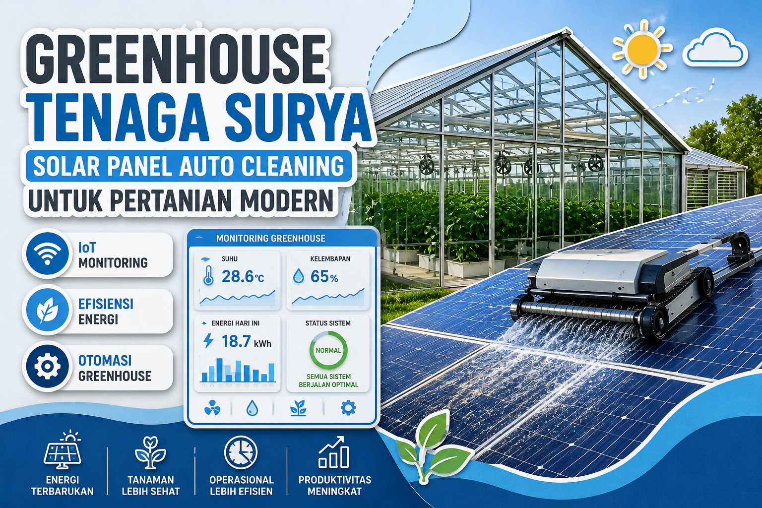Greenhouse tenaga surya dengan sistem solar panel auto cleaning dan monitoring IoT untuk pertanian modern