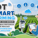 IoT Smart Farming thumbnail dengan desain flat papercut, menampilkan pertanian modern berbasis AI dan sensor, dashboard monitoring real-time, serta konsep teknologi pertanian digital yang efisien dan berkelanjutan dengan latar sawah hijau dan ikon IoT.
