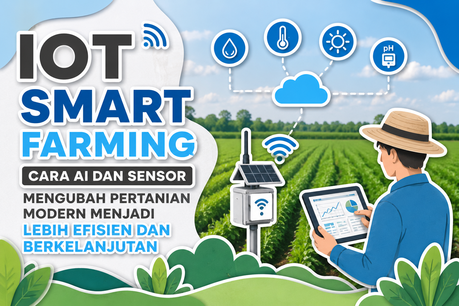 IoT Smart Farming thumbnail dengan desain flat papercut, menampilkan pertanian modern berbasis AI dan sensor, dashboard monitoring real-time, serta konsep teknologi pertanian digital yang efisien dan berkelanjutan dengan latar sawah hijau dan ikon IoT.