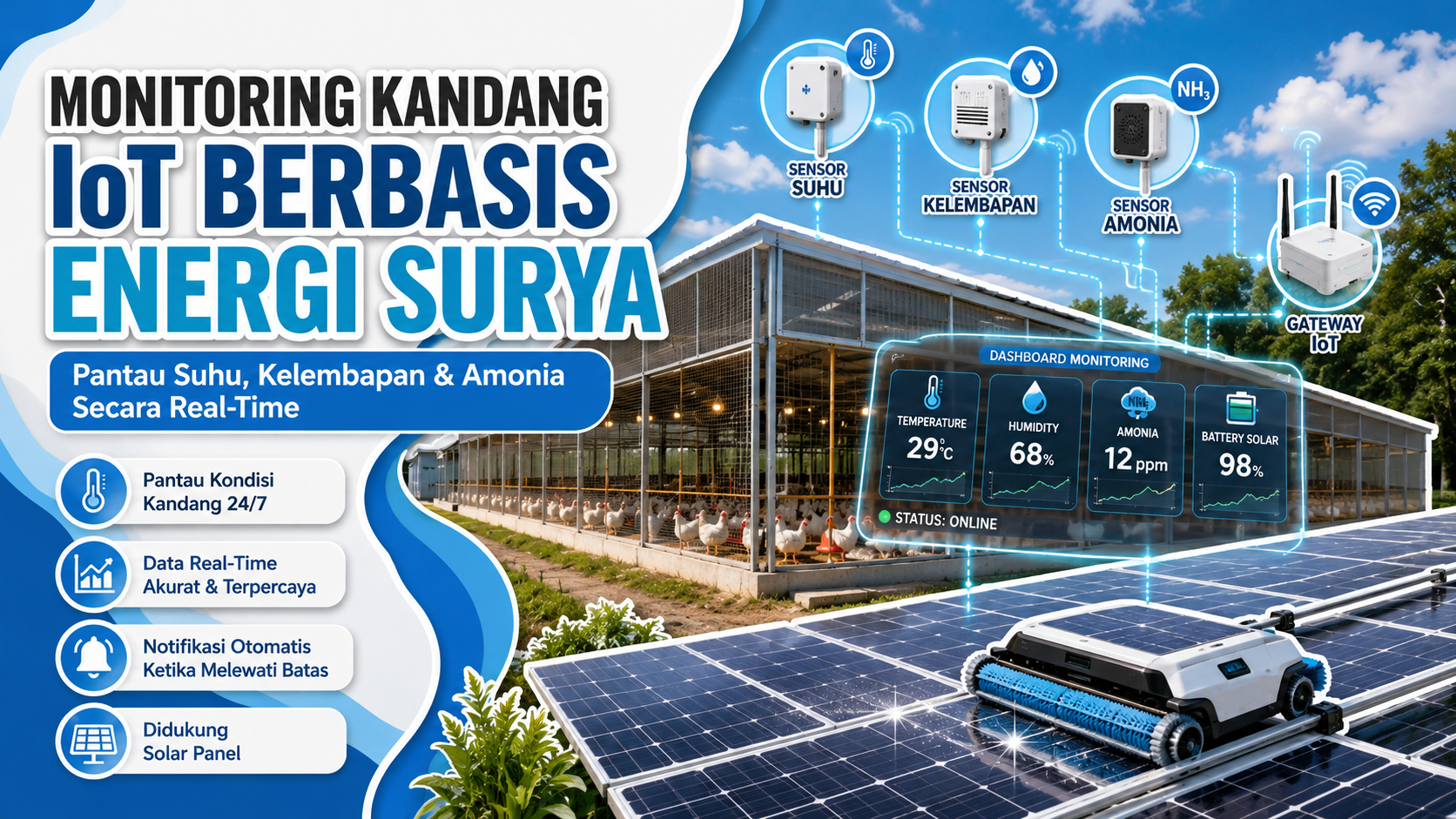 monitoring-kandang-iot-berbasis-energi-surya Monitoring kandang IoT berbasis energi surya dengan sensor suhu kelembapan amonia dan solar panel auto cleaning untuk peternakan modern