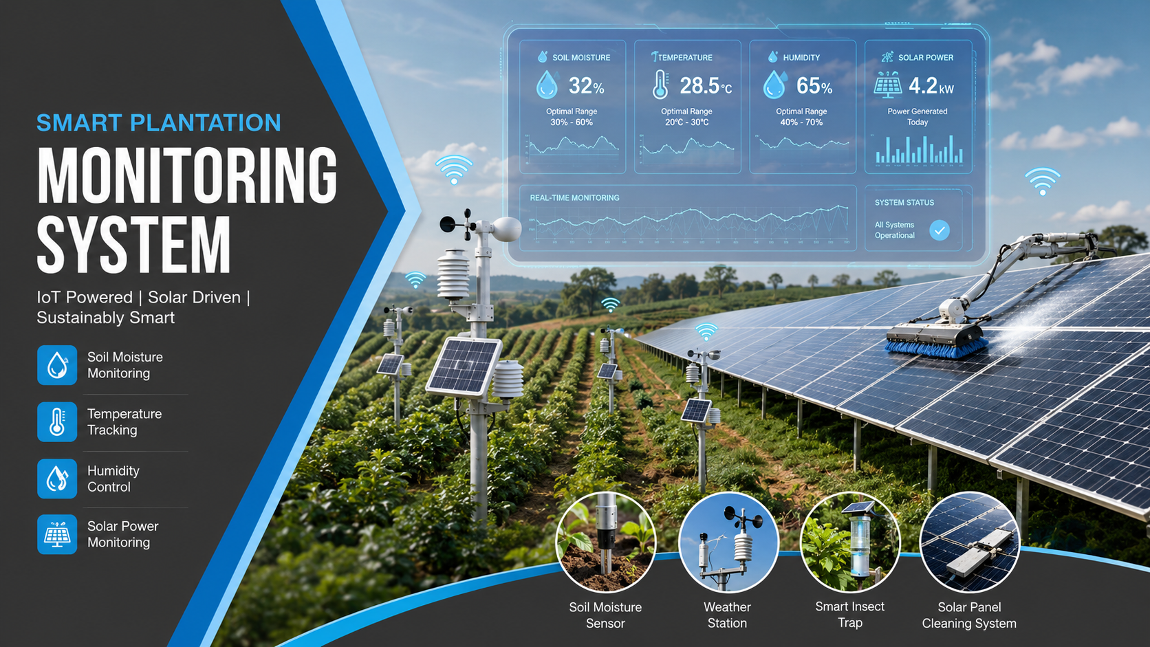 Monitoring lahan perkebunan IoT menggunakan sensor pintar dan solar panel auto cleaning untuk mendukung operasional smart farming secara real-time.
