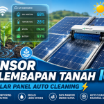 Sensor kelembapan tanah IoT dengan dashboard monitoring realtime dan solar panel auto cleaning untuk pertanian modern.