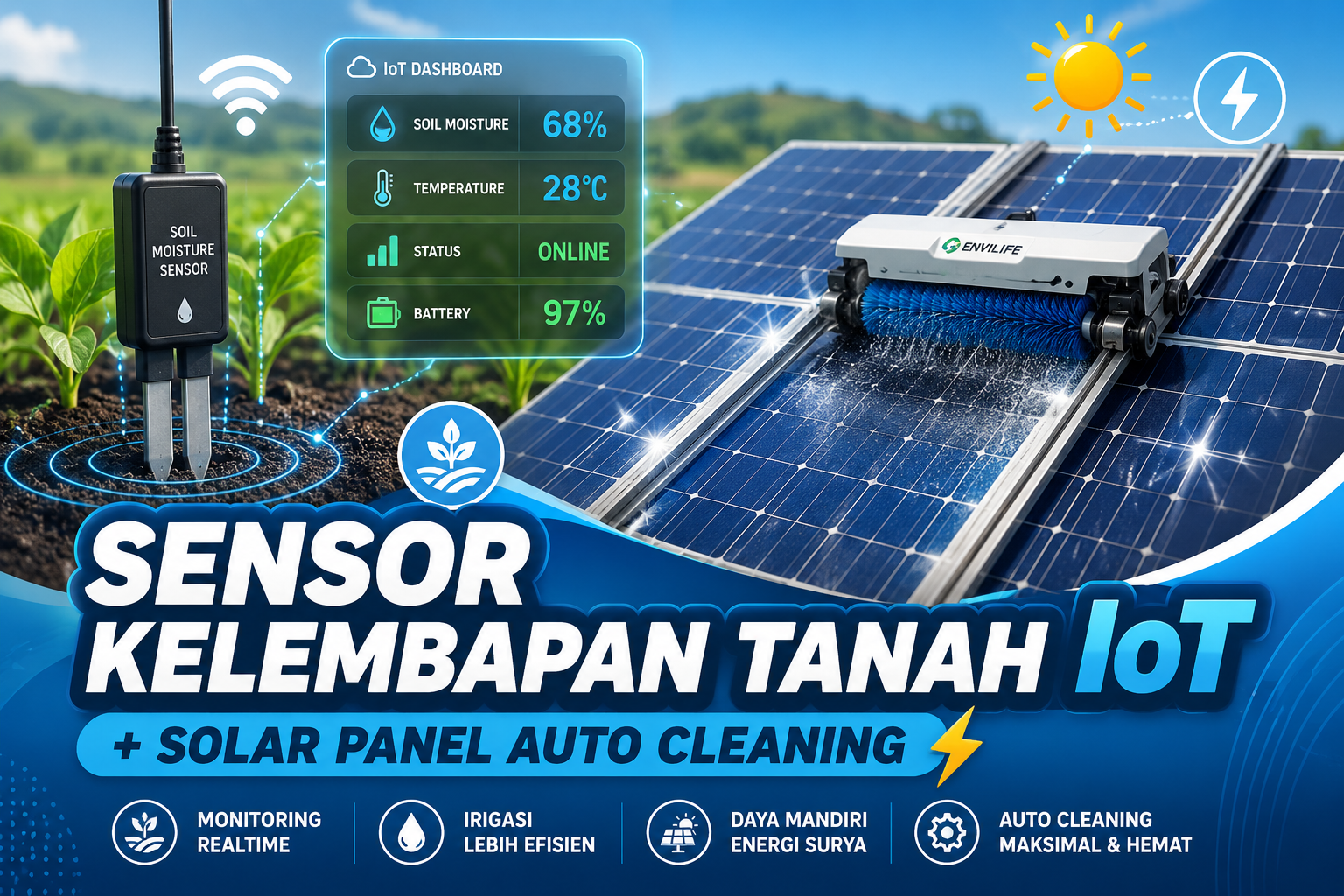 Sensor kelembapan tanah IoT dengan dashboard monitoring realtime dan solar panel auto cleaning untuk pertanian modern.