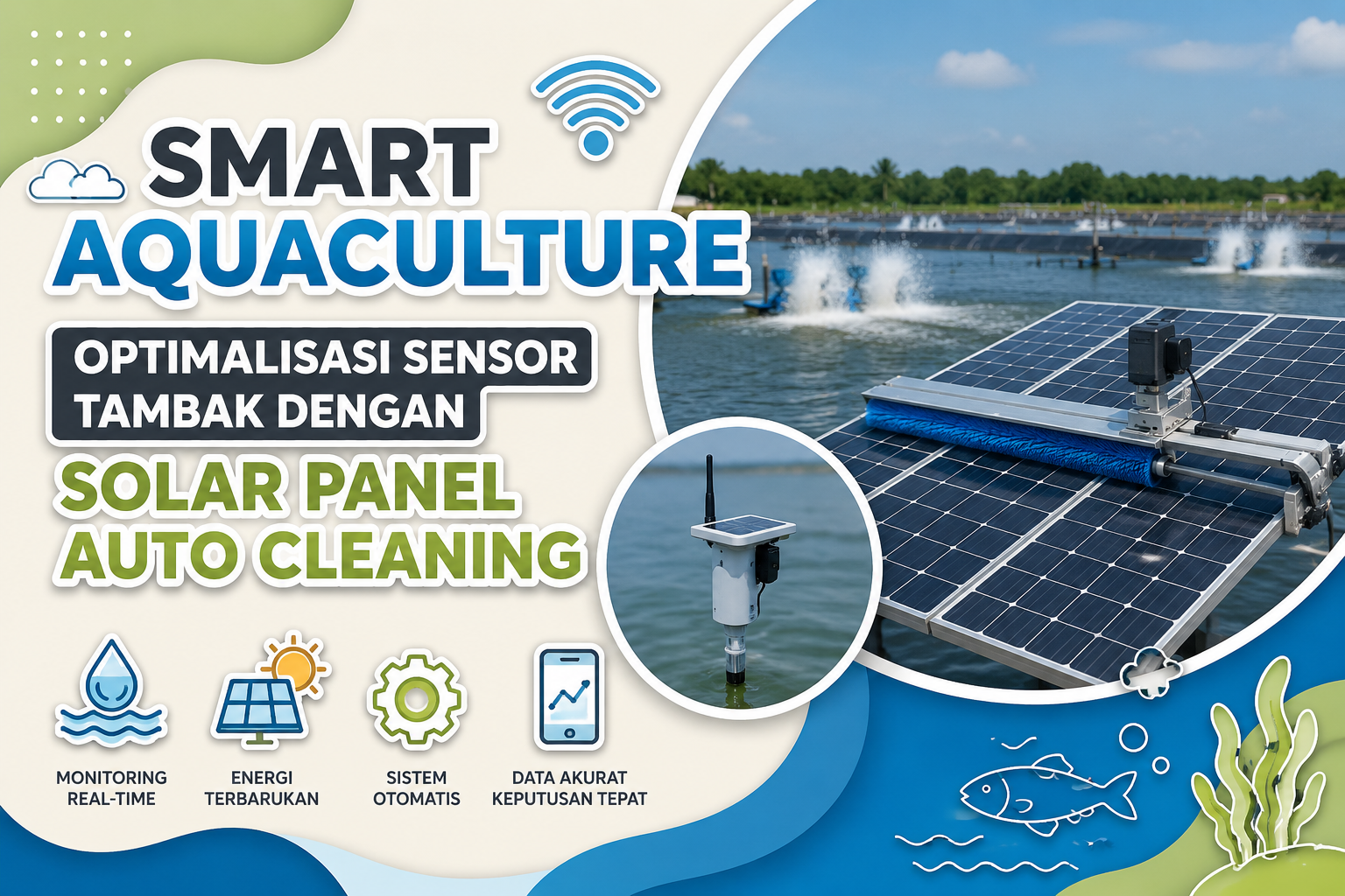 smart-aquaculture-solar-panel-auto-cleaning Smart Aquaculture dengan sensor IoT tambak dan solar panel auto cleaning untuk monitoring kualitas air serta energi surya otomatis.