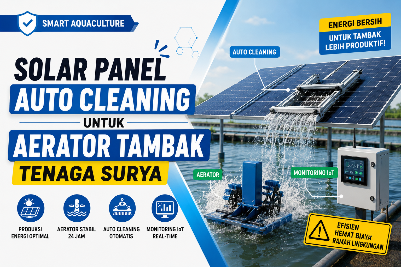 Solar Panel Auto Cleaning untuk aerator tambak tenaga surya dengan monitoring IoT pada tambak udang modern