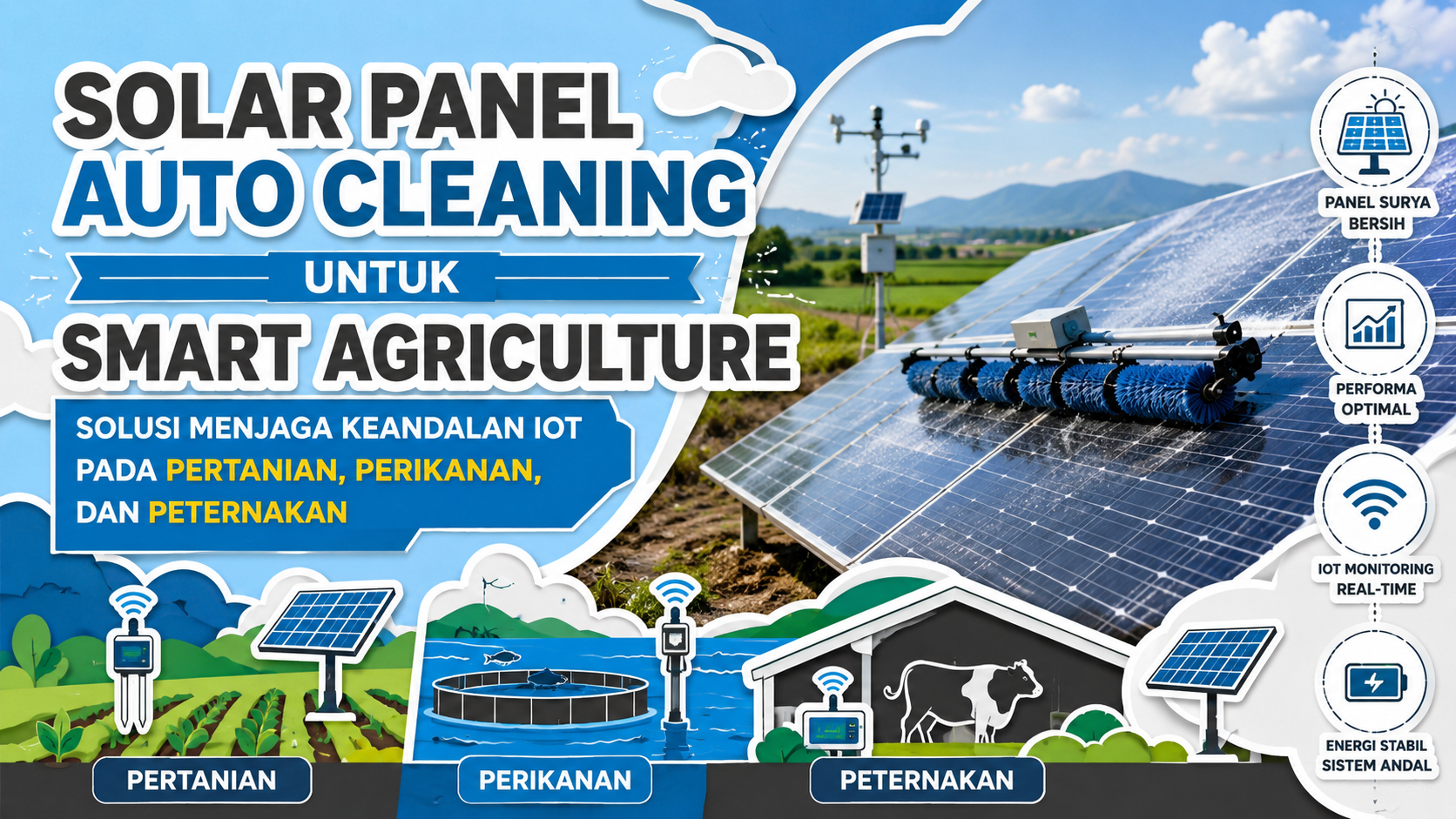 Solar Panel Auto Cleaning untuk Smart Agriculture yang terintegrasi dengan IoT Monitoring pada sistem pertanian, perikanan, dan peternakan modern.
