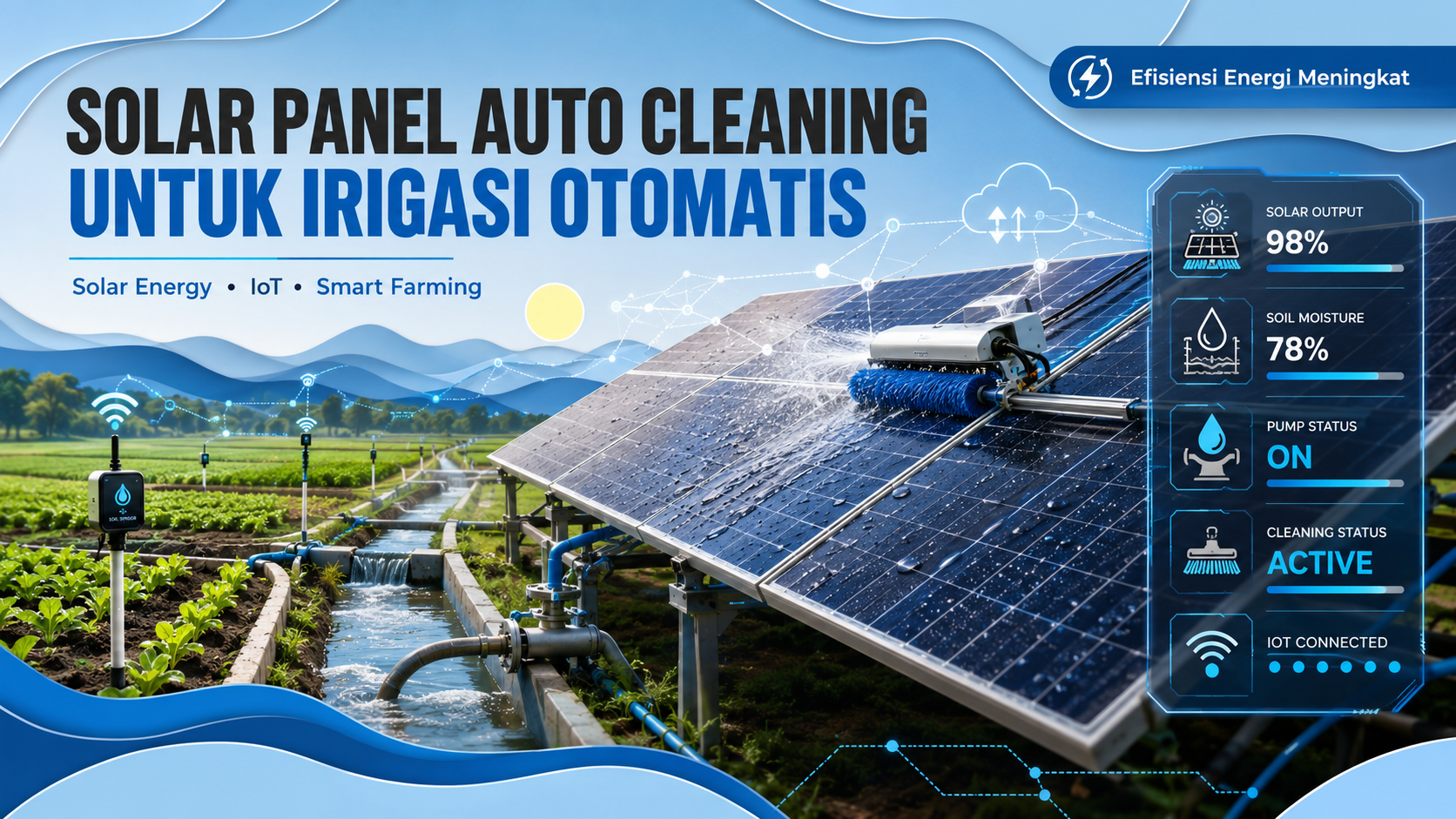 Solar Panel Auto Cleaning untuk irigasi otomatis pada sistem smart farming Indonesia dengan panel surya, sensor IoT, dashboard monitoring energi, dan teknologi pertanian presisi.