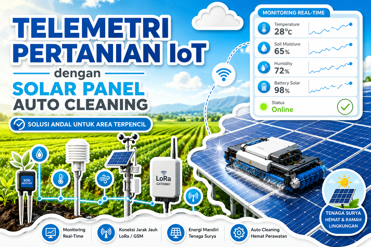 telemetri-pertanian-iot-solar-panel-auto-cleaning Telemetri pertanian IoT dengan Solar Panel Auto Cleaning untuk monitoring lahan real-time di area terpencil.