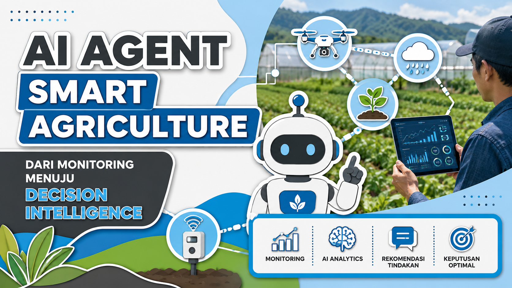 AI Agent Smart Agriculture membantu transformasi pertanian digital dari monitoring IoT menuju Decision Intelligence melalui analitik AI, rekomendasi tindakan, dan pengambilan keputusan cerdas