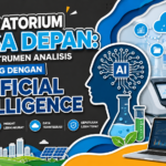 Thumbnail artikel AI untuk Laboratorium Modern yang menampilkan integrasi instrumen analisis, Artificial Intelligence, dashboard data, dan konsep Laboratory 4.0.