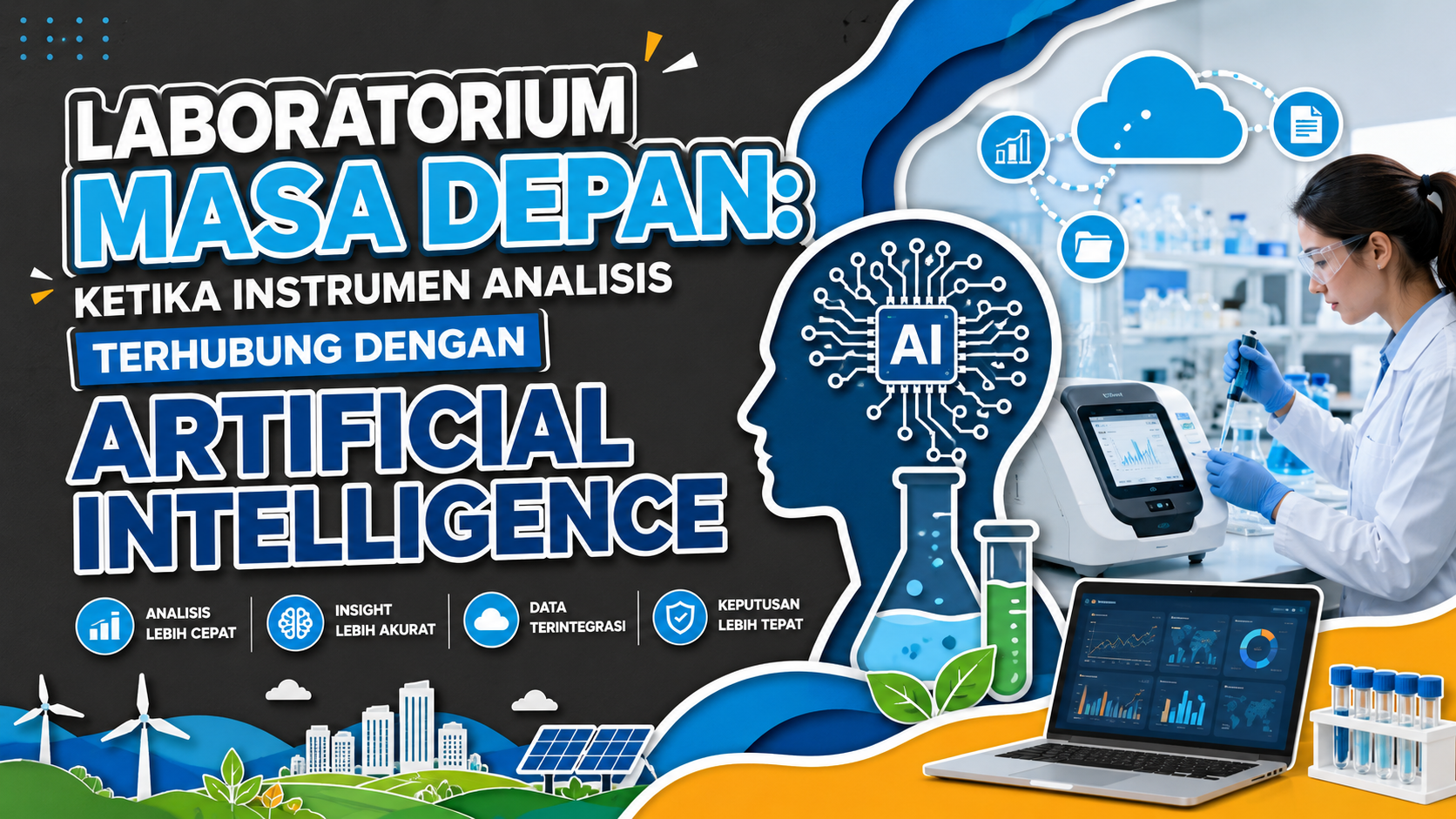 Thumbnail artikel AI untuk Laboratorium Modern yang menampilkan integrasi instrumen analisis, Artificial Intelligence, dashboard data, dan konsep Laboratory 4.0.