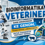 Ilustrasi bioinformatika veteriner yang menunjukkan transformasi laboratorium dari mikroskop ke teknologi genomik untuk diagnostik penyakit hewan.