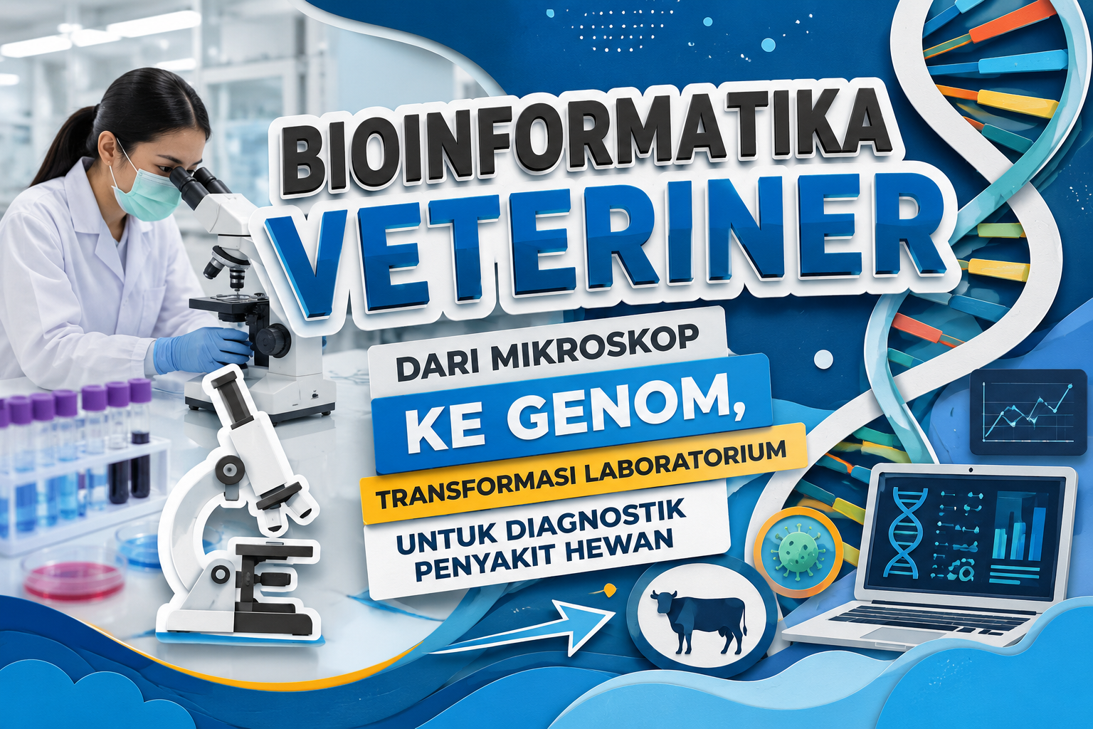 Ilustrasi bioinformatika veteriner yang menunjukkan transformasi laboratorium dari mikroskop ke teknologi genomik untuk diagnostik penyakit hewan.