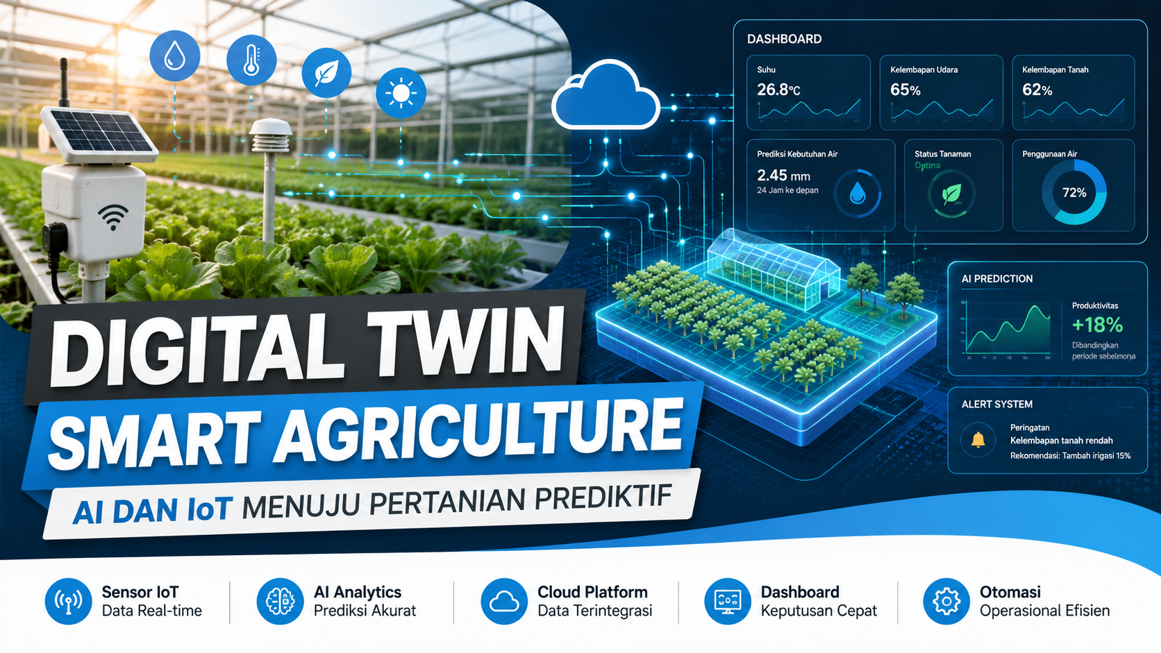 Digital Twin untuk Smart Agriculture mengintegrasikan AI, IoT, dan dashboard analitik real-time untuk menciptakan sistem pertanian prediktif dan efisien.