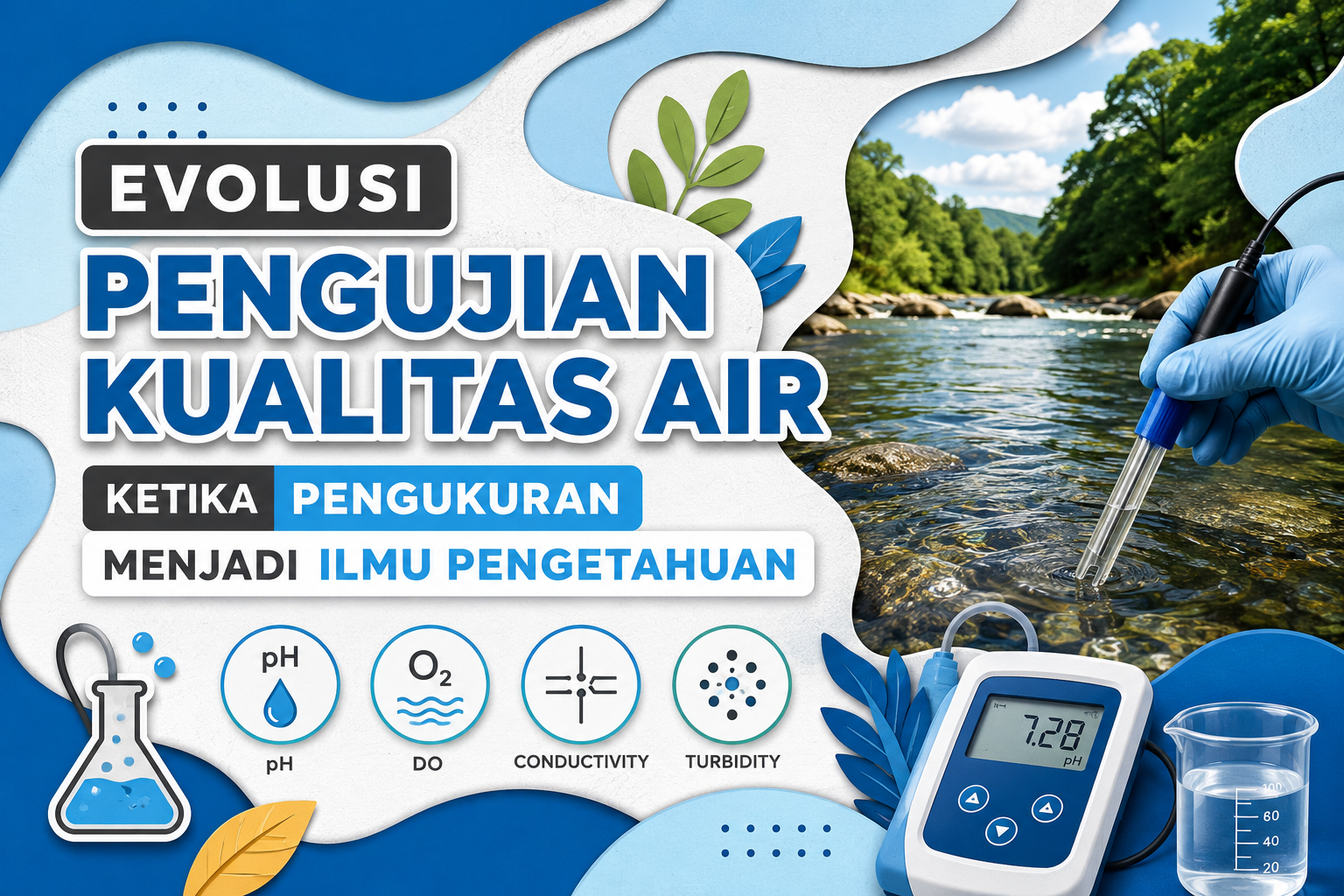 Ilustrasi evolusi pengujian kualitas air dari pengamatan visual menuju metode ilmiah menggunakan parameter pH, Dissolved Oxygen (DO), Electrical Conductivity (EC), dan Turbidity.