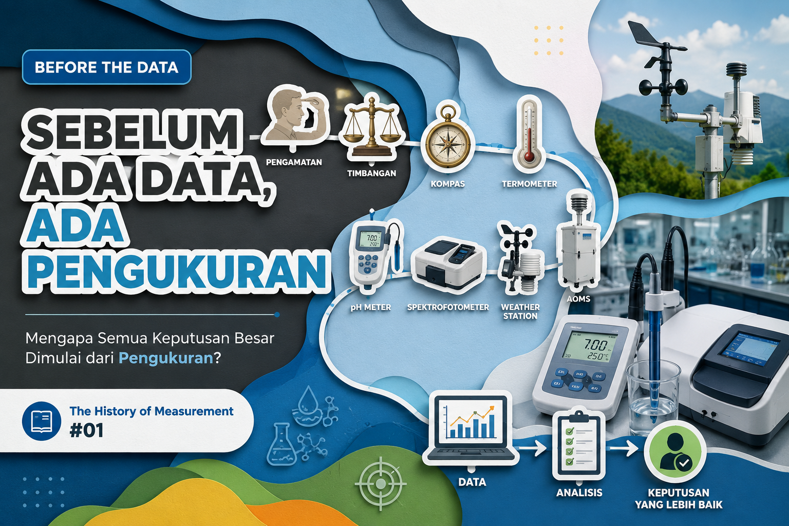 Ilustrasi evolusi instrumen pengukuran dari alat ukur tradisional hingga sistem monitoring modern sebagai fondasi data dan pengambilan keputusan.
