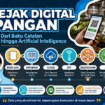 Ilustrasi evolusi traceability pangan dari pencatatan manual, database, cloud, IoT, blockchain, hingga artificial intelligence dalam rantai pasok pangan modern.