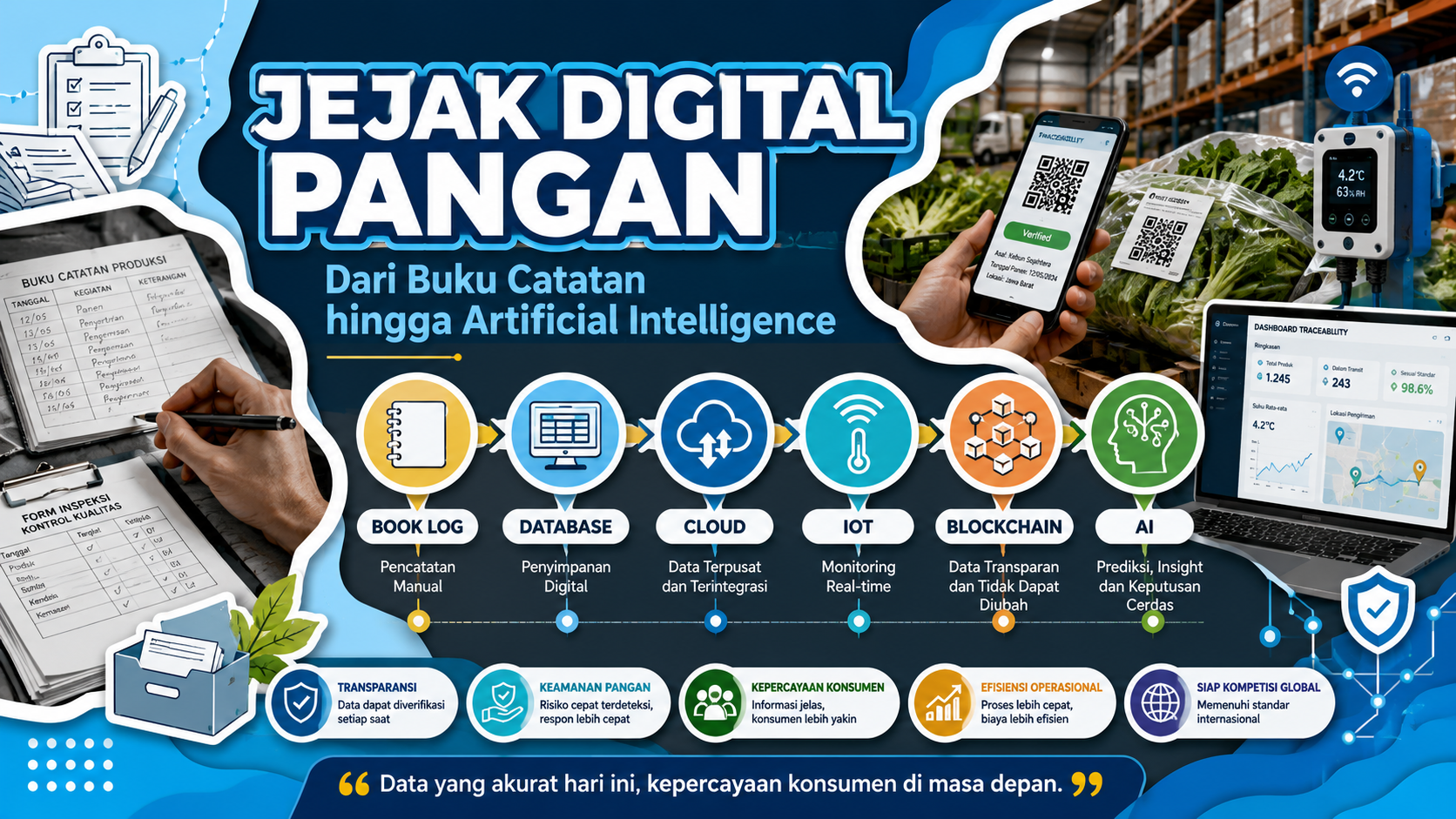 Ilustrasi evolusi traceability pangan dari pencatatan manual, database, cloud, IoT, blockchain, hingga artificial intelligence dalam rantai pasok pangan modern.