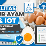 Ilustrasi AI dan IoT untuk pemantauan kualitas telur ayam secara real-time guna menjaga ukuran, berat, kekuatan cangkang, dan konsistensi produksi di peternakan modern.
