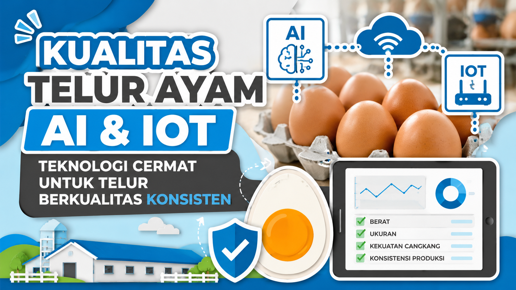Ilustrasi AI dan IoT untuk pemantauan kualitas telur ayam secara real-time guna menjaga ukuran, berat, kekuatan cangkang, dan konsistensi produksi di peternakan modern.