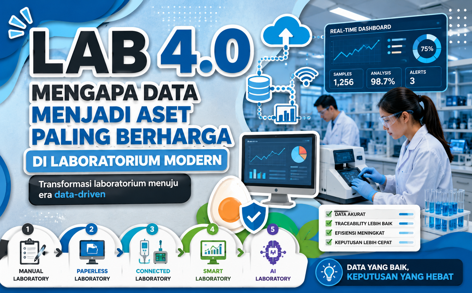 lab-4-0-data-menjadi-aset-paling-berharga-di-laboratorium-modern Transformasi laboratorium modern menuju Lab 4.0 melalui digitalisasi data, integrasi instrumen, smart laboratory, dan analisis berbasis data.