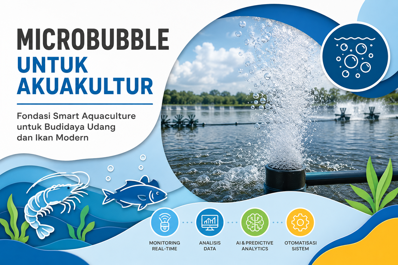 Microbubble untuk akuakultur sebagai fondasi Smart Aquaculture dengan integrasi IoT, AI predictive analytics, dan monitoring kualitas air untuk budidaya udang dan ikan modern.