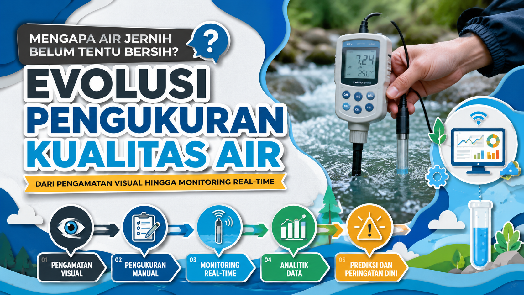 Thumbnail artikel pengukuran kualitas air yang menunjukkan evolusi dari pengamatan visual hingga monitoring real-time berbasis sensor dan analitik data.