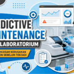 Ilustrasi Predictive Maintenance Alat Laboratorium dengan monitoring digital untuk mencegah kerusakan instrumen dan meningkatkan keandalan pengujian.