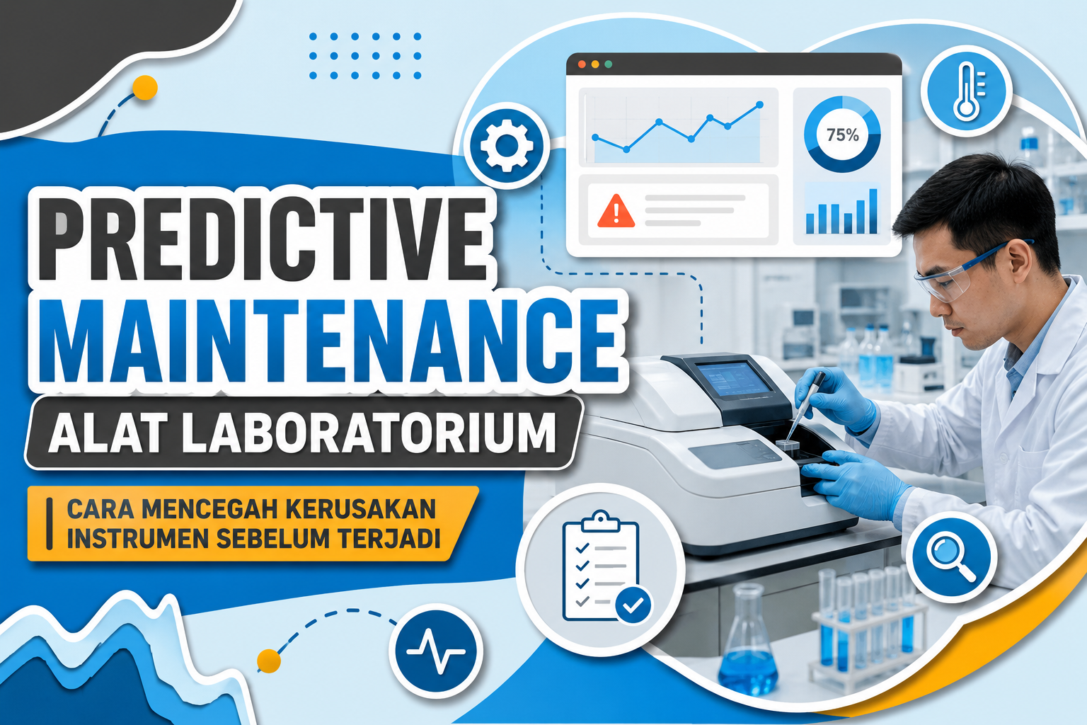 Ilustrasi Predictive Maintenance Alat Laboratorium dengan monitoring digital untuk mencegah kerusakan instrumen dan meningkatkan keandalan pengujian.