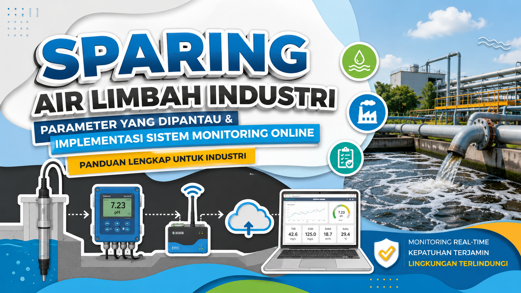Sistem SPARING air limbah industri untuk monitoring kualitas air secara online menggunakan sensor IoT dan dashboard digital.