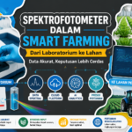 Ilustrasi spektrofotometer dalam smart farming yang menghubungkan analisis laboratorium, data spektrum, IoT, AI, dan pertanian presisi modern.