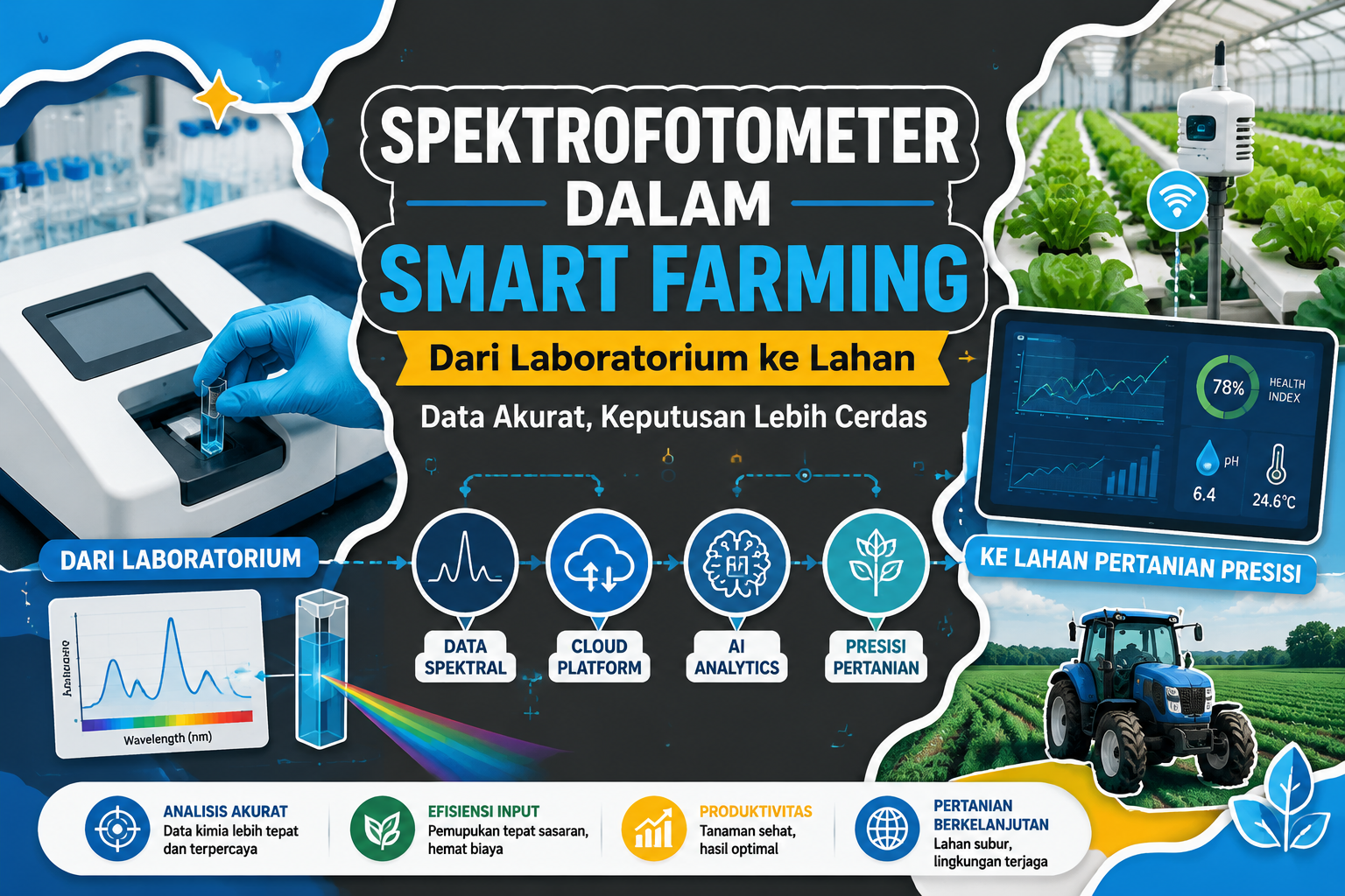 spektrofotometer-dalam-smart-farming Ilustrasi spektrofotometer dalam smart farming yang menghubungkan analisis laboratorium, data spektrum, IoT, AI, dan pertanian presisi modern.
