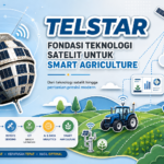 Ilustrasi satelit Telstar sebagai fondasi teknologi satelit yang mendukung Smart Agriculture melalui GPS, remote sensing, IoT, AI, dan pertanian presisi modern.