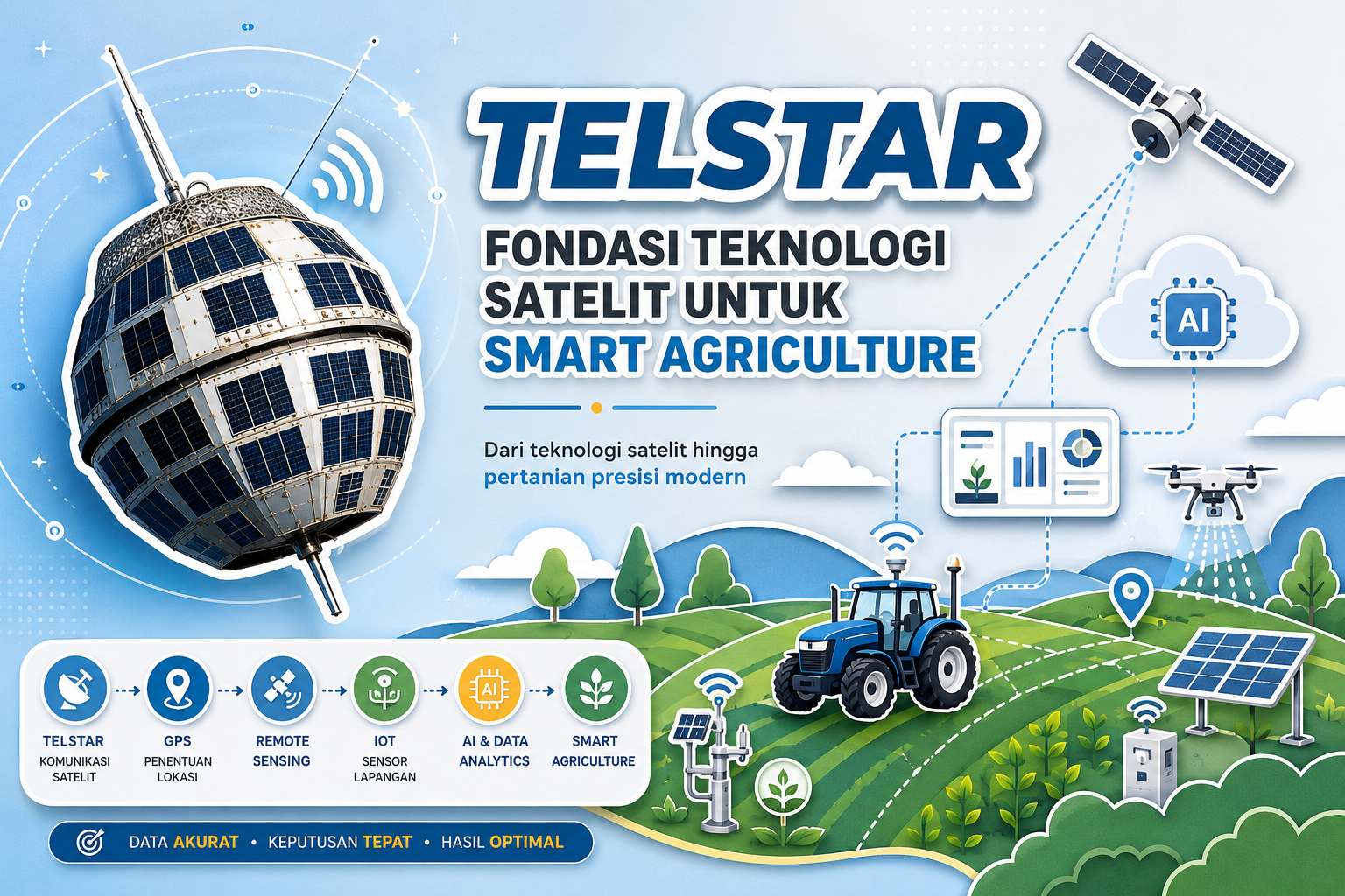 Ilustrasi satelit Telstar sebagai fondasi teknologi satelit yang mendukung Smart Agriculture melalui GPS, remote sensing, IoT, AI, dan pertanian presisi modern.