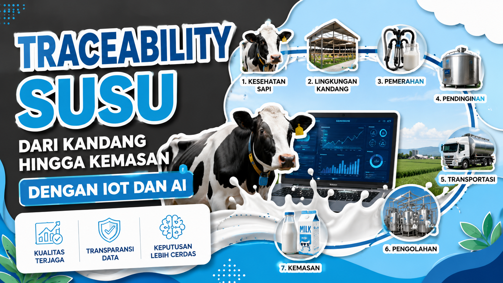 traceability-susu-iot-ai-dari-kandang-hingga-kemasan Traceability susu berbasis IoT dan AI yang memantau perjalanan susu dari kesehatan sapi, lingkungan kandang, pemerahan, pendinginan, transportasi, hingga pengemasan dalam ekosistem Smart Dairy.