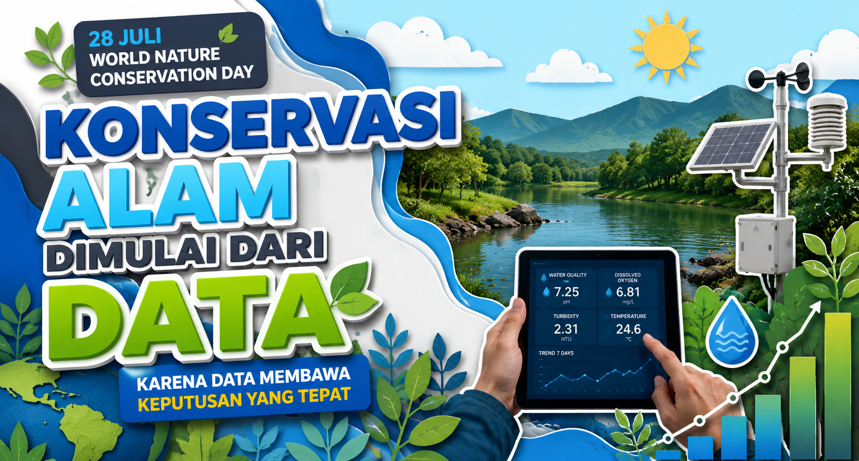 Thumbnail artikel World Nature Conservation Day yang menampilkan konservasi alam modern dengan teknologi monitoring lingkungan, sensor IoT, dan analitik data.